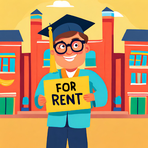 College graduate holding a for rent sign